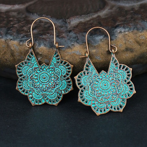 Bellanblue Jewelry - Boho Mint Mandala Bronze Hoop Drop Earrings